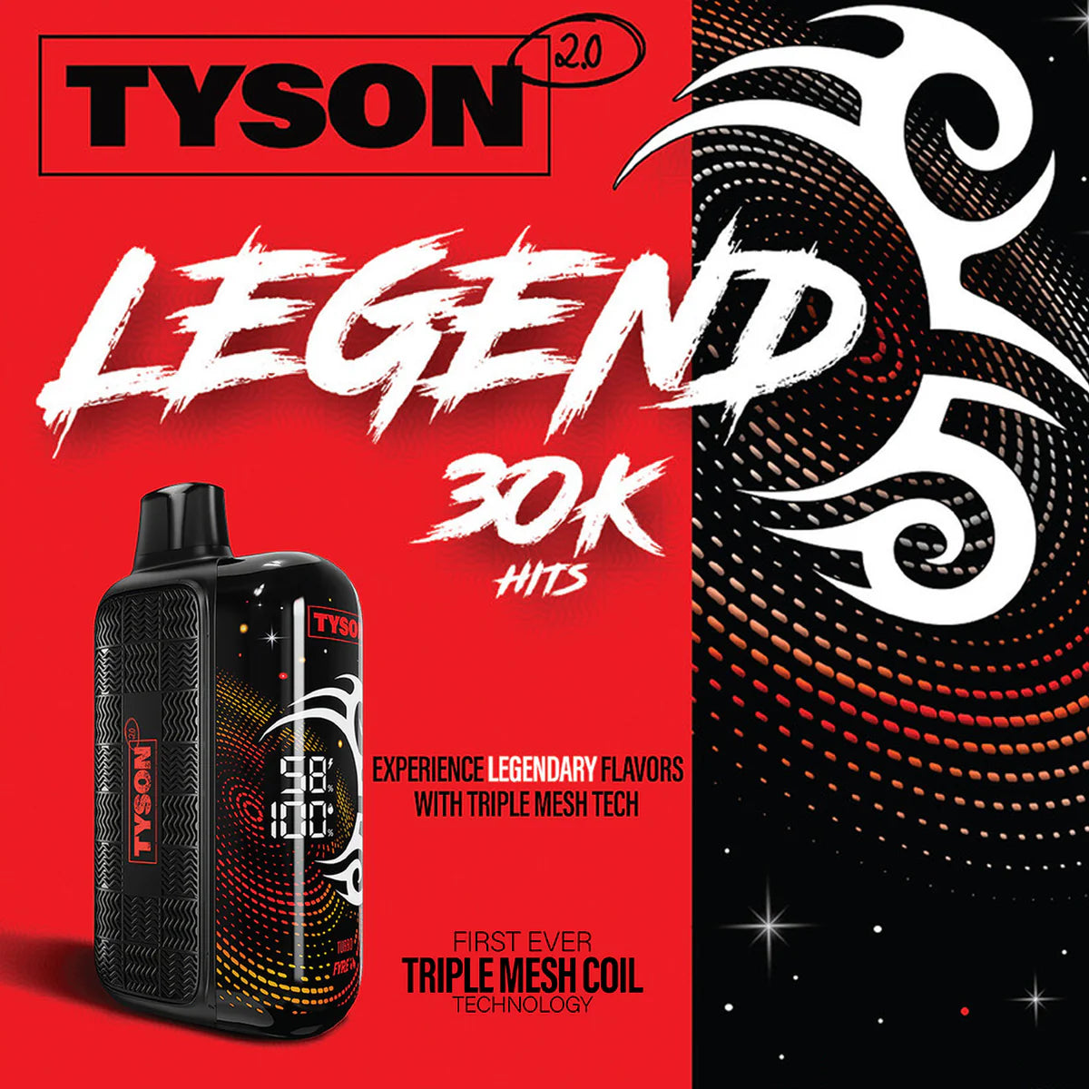 Tyson 2.0 Legend 30K Puffs 16ML Disposable Device With Triple Mesh Coil & Curved Screen With Adjustable Hit