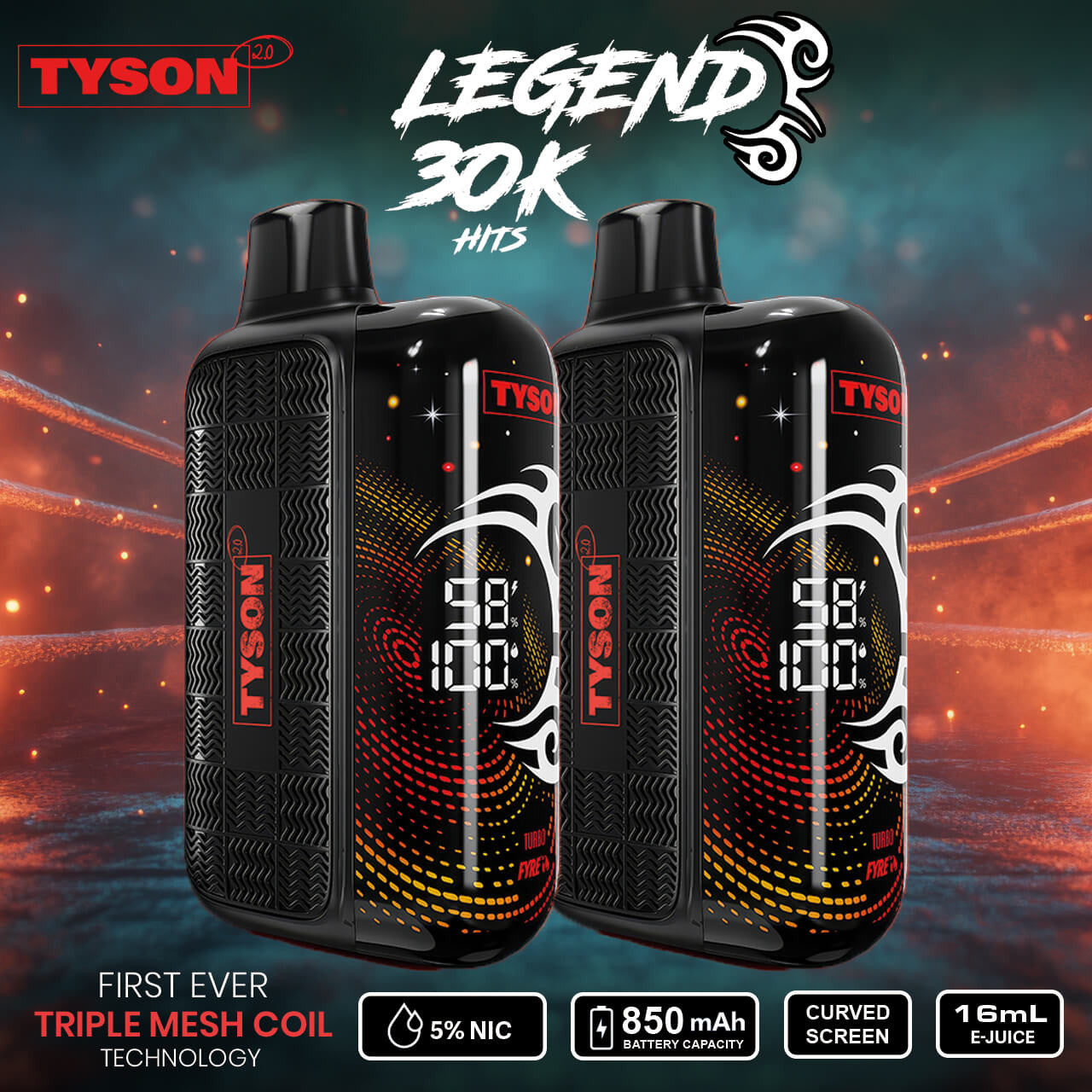 Tyson 2.0 Legend 30K Puffs 16ML Disposable Device With Triple Mesh Coil & Curved Screen With Adjustable Hit - Smok City